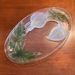 Luminarc vintage clear glass oval Arum Calla Lily platter, made in France, green